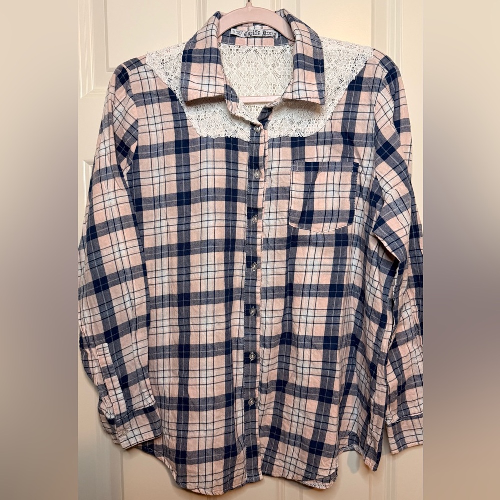 Plaid Button Down Shirt with Lace Detail